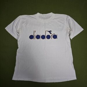 Vintage Diadora White Tee with Navy Logo